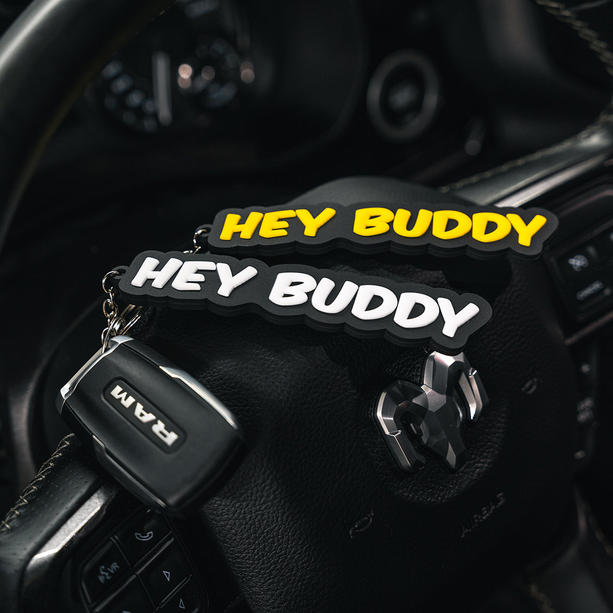 Hey Buddy Yellow PVC Keychain