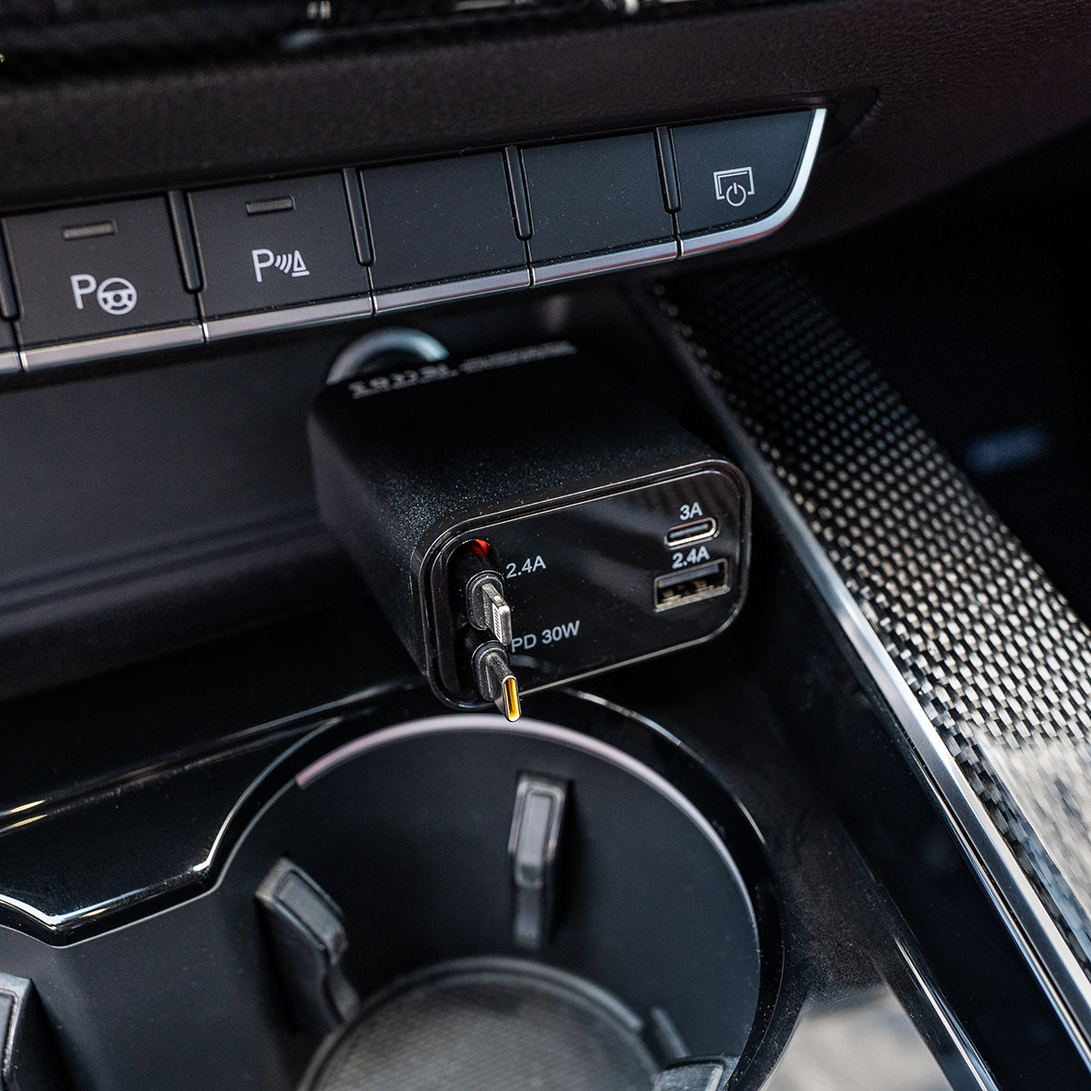 Multi-Port Car Charger – 30W with Retractable Cords