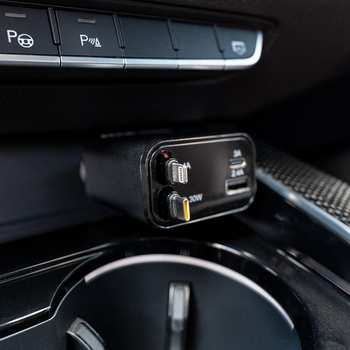 Multi-Port Car Charger – 30W with Retractable Cords