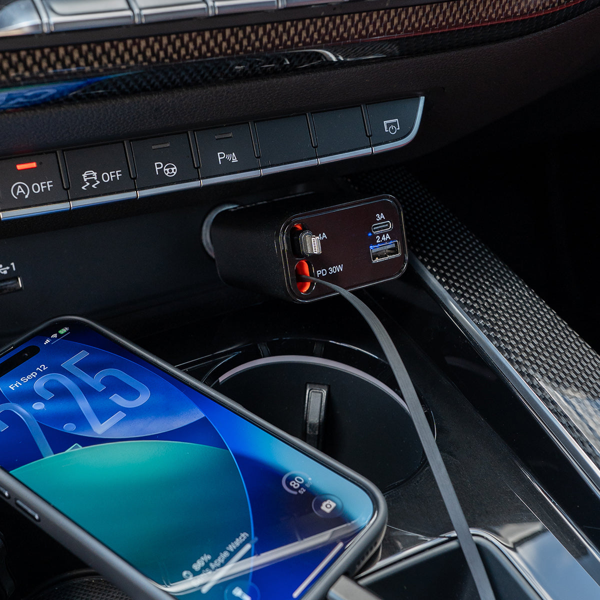 Multi-Port Car Charger – 30W with Retractable Cords