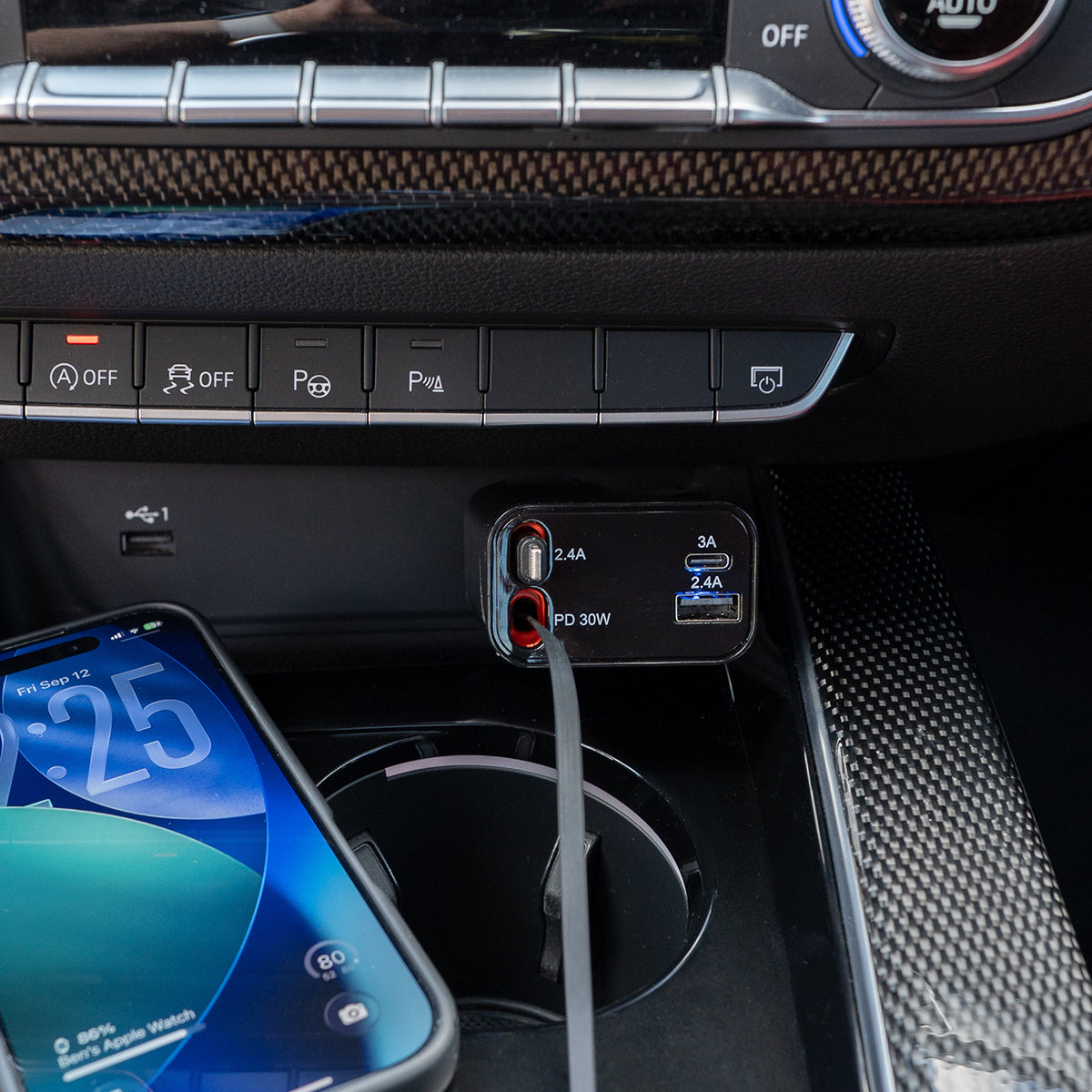 Multi-Port Car Charger – 30W with Retractable Cords